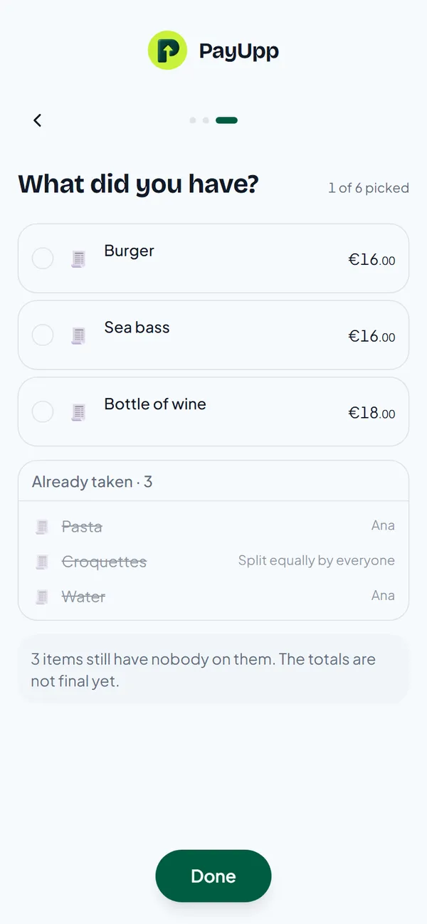 What did you have, showing burger, sea bass and bottle of wine, with pasta, croquettes and water already taken