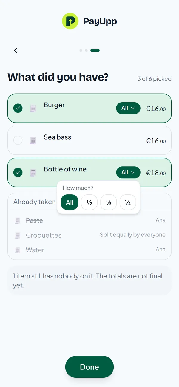 The How much menu on the bottle of wine, with All, a half, a third and a quarter