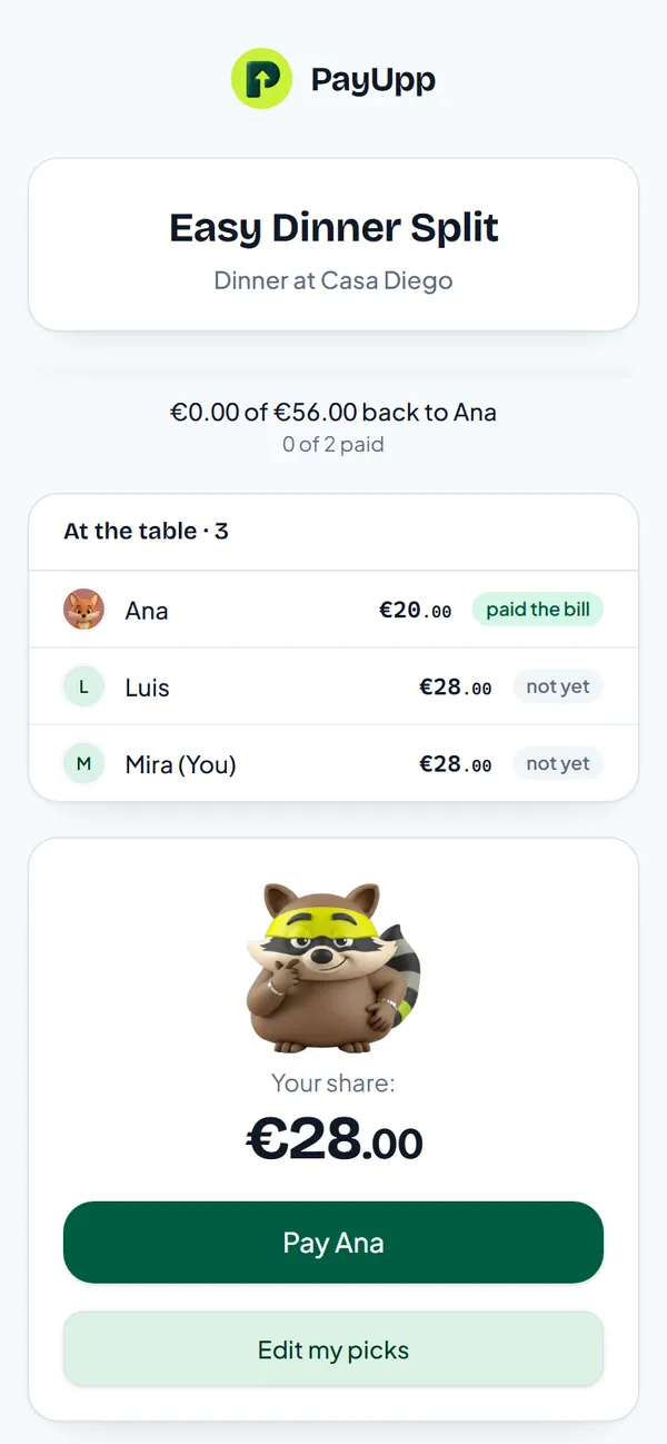 At the table: Ana 20 euros, paid the bill; Luis 28 euros; Mira 28 euros; with a Pay Ana button
