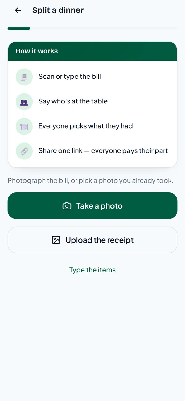 The Split a dinner screen with Take a photo, Upload the receipt and Type the items