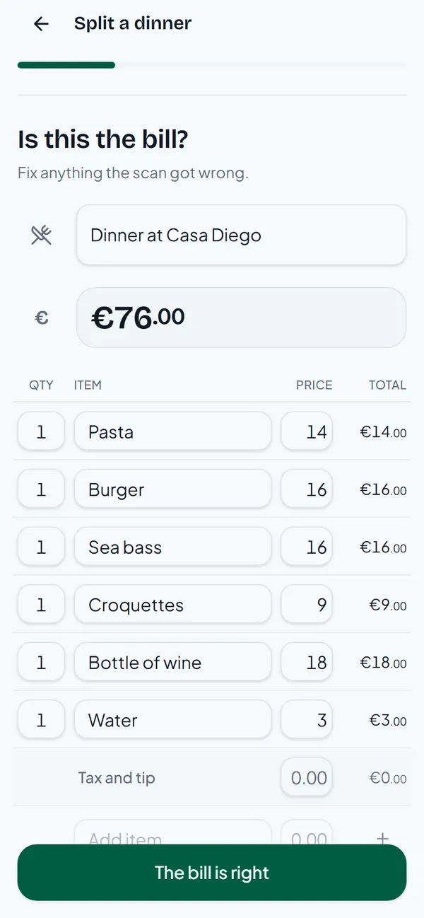 The bill with six lines: pasta, burger, sea bass, croquettes, bottle of wine and water, 76 euros in total