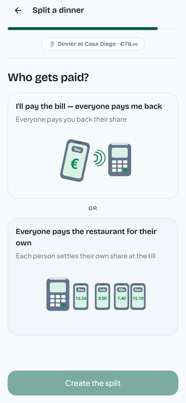 Who gets paid, with I'll pay the bill selected and the Create the split button