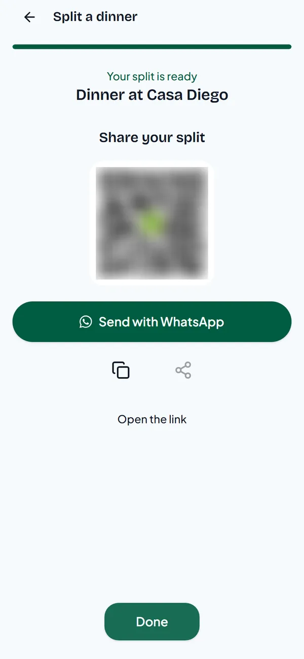Your split is ready, with a QR code and a Send with WhatsApp button