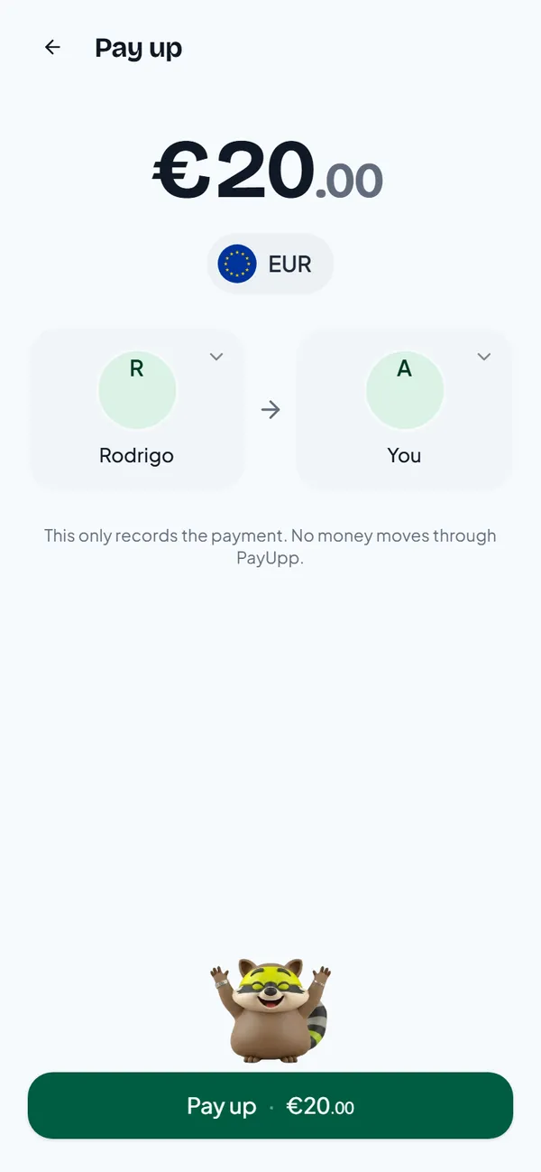 The Pay up screen for 20 euros from Rodrigo to Alex