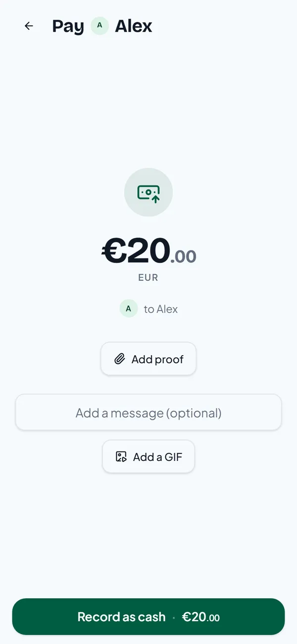 Record as cash, 20 euros to Alex, with Add proof and a message field