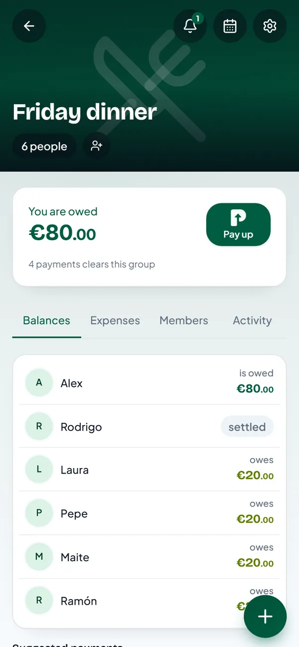 Group balances after the payment: Alex is owed 80 euros, Rodrigo settled, four friends still owe 20 each