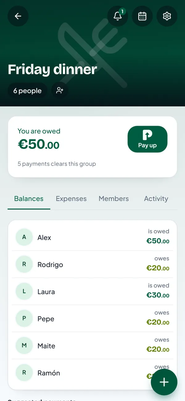 Group balances: Alex is owed 50, Laura is owed 30, Rodrigo, Pepe, Maite and Ramón owe 20 each