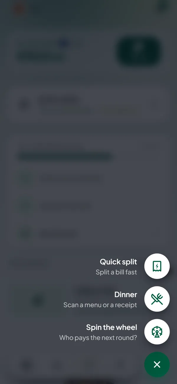 The new split menu with Quick split, Dinner and Spin the wheel