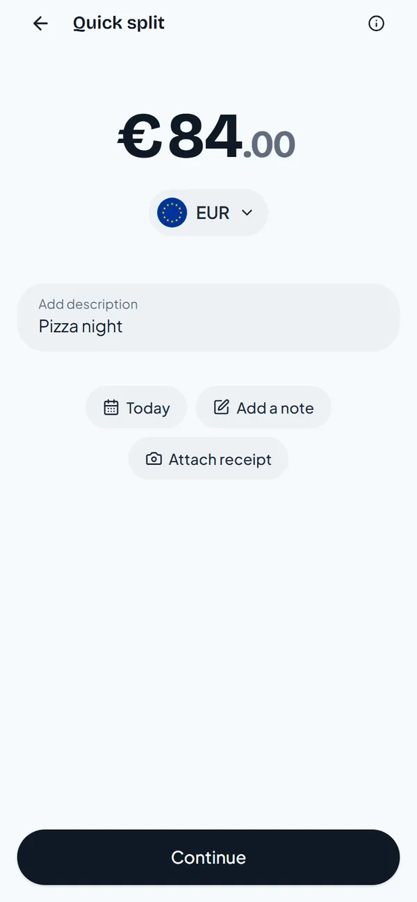The amount screen with 84 euros and the description Pizza night