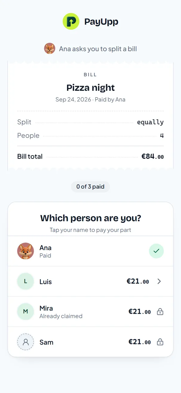 The shared bill for Pizza night, 84 euros split equally between 4, and Which person are you with Ana, Luis, Mira and Sam