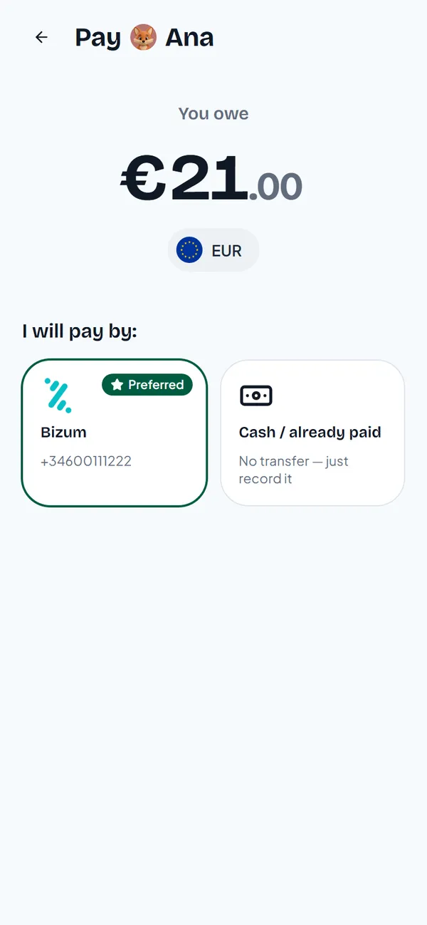 Pay Ana: you owe 21 euros, pay by Bizum or Cash / already paid