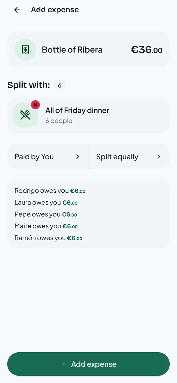 The Add expense screen for a 36 euro bottle, split equally between six people at 6 euros each
