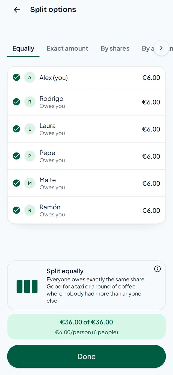 The Split options screen with the tabs Equally, Exact amount and By shares