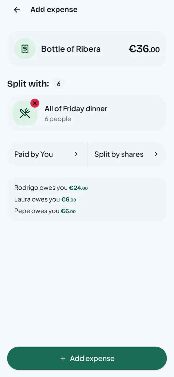 The expense preview: Rodrigo owes you 24 euros, Laura owes you 6 euros, Pepe owes you 6 euros