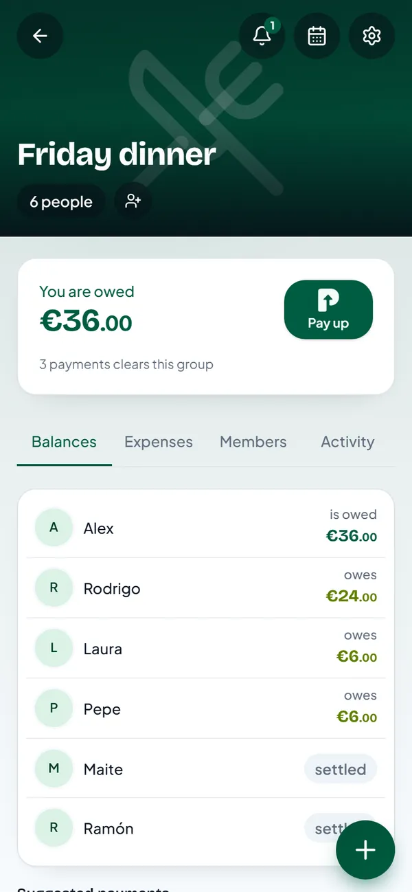 Group balances: Alex is owed 36 euros, Rodrigo owes 24, Laura 6, Pepe 6, Maite and Ramón settled