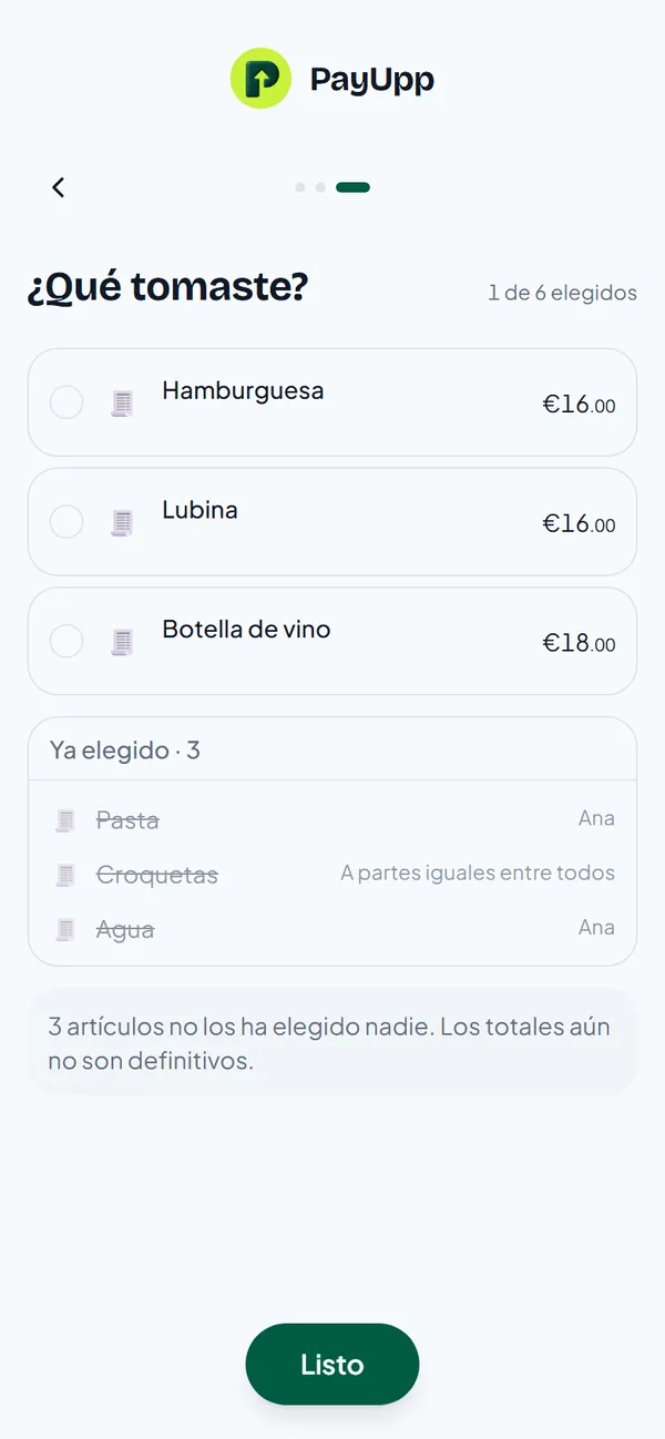 Qué tomaste, con hamburguesa, lubina y botella de vino, y pasta, croquetas y agua ya elegidas