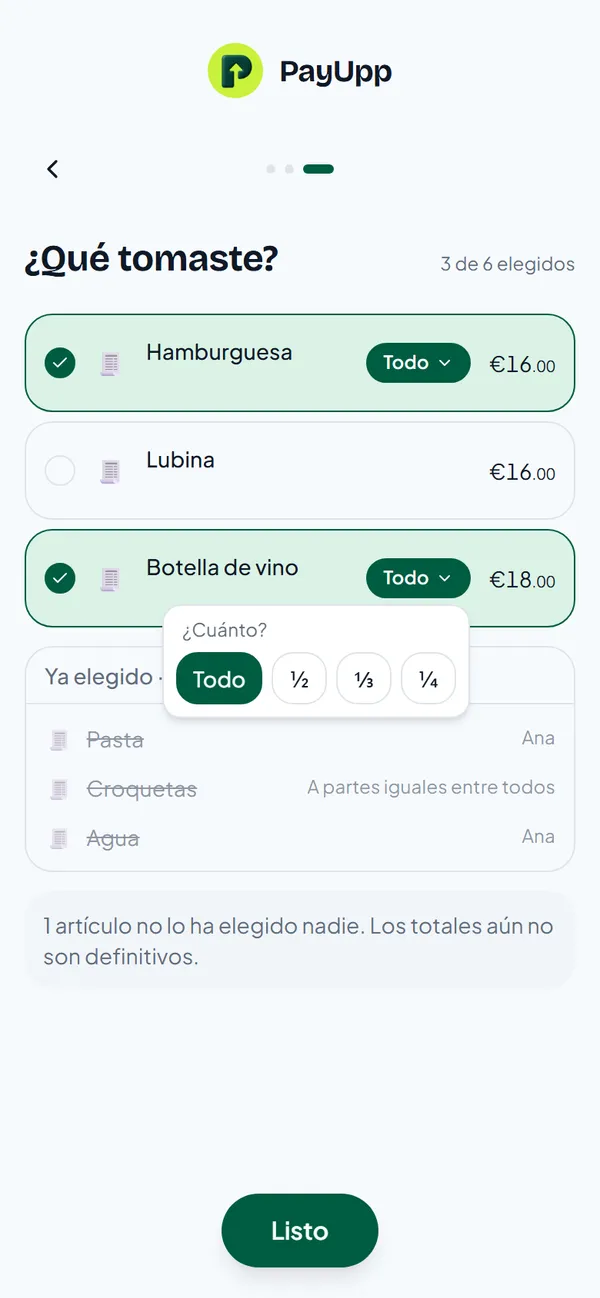 El menú Cuánto sobre la botella de vino, con Todo, un medio, un tercio y un cuarto