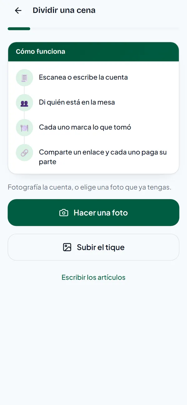 Dividir una cena con los botones Hacer una foto, Subir el tique y Escribir los artículos