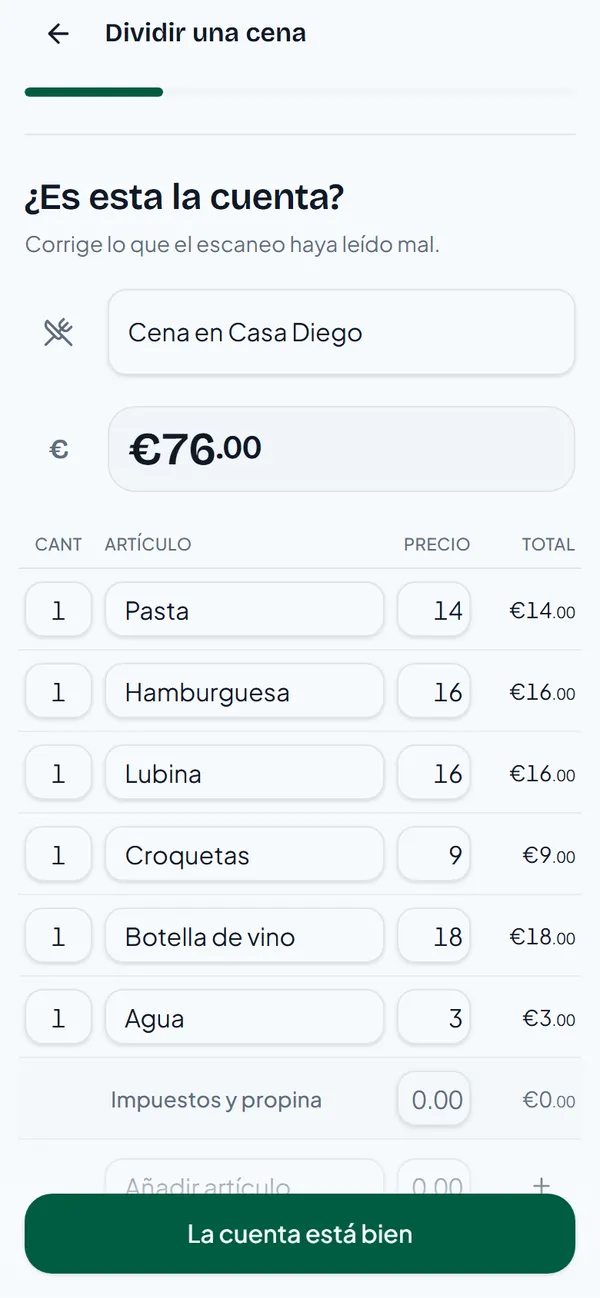 La cuenta con seis líneas: pasta, hamburguesa, lubina, croquetas, botella de vino y agua, 76 euros en total