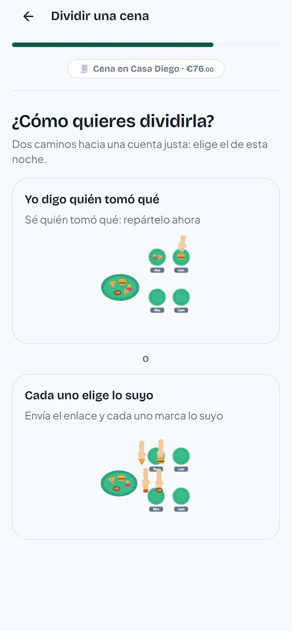 Cómo quieres dividirla, con las opciones Yo digo quién tomó qué y Cada uno elige lo suyo