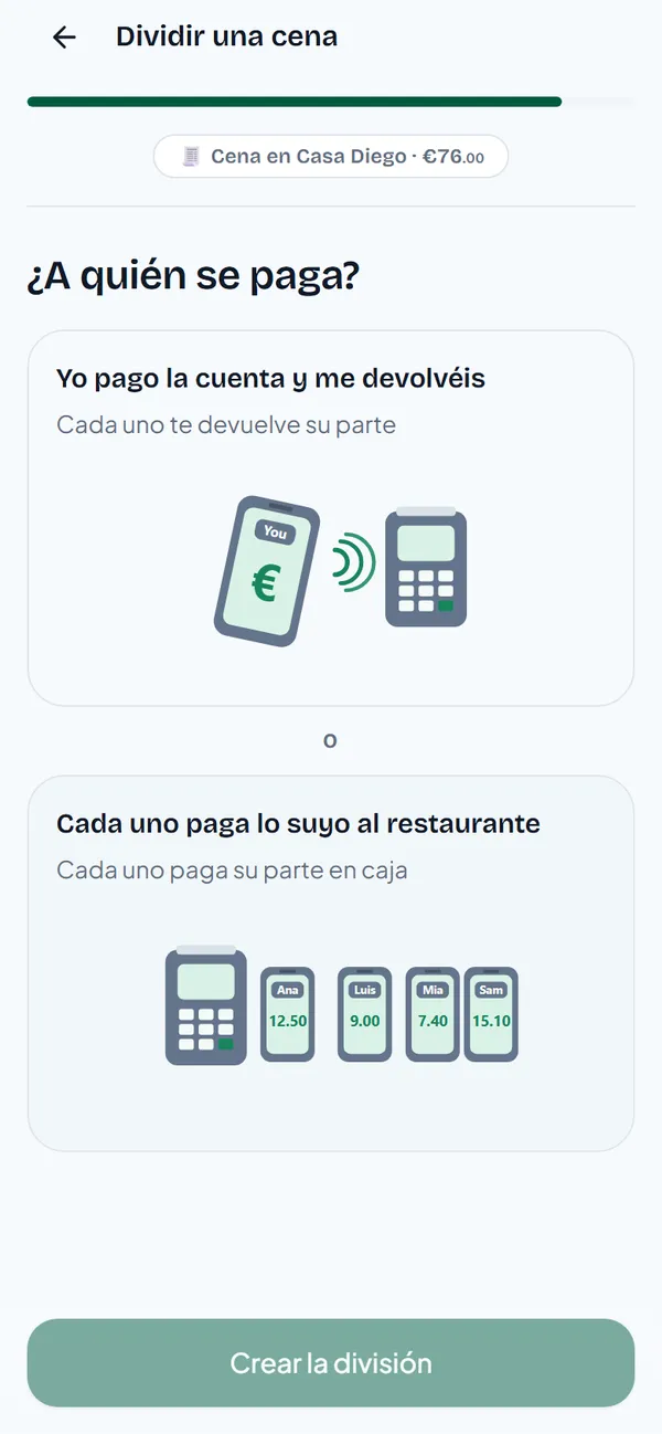 A quién se paga, con Yo pago la cuenta y me devolvéis seleccionado y el botón Crear la división