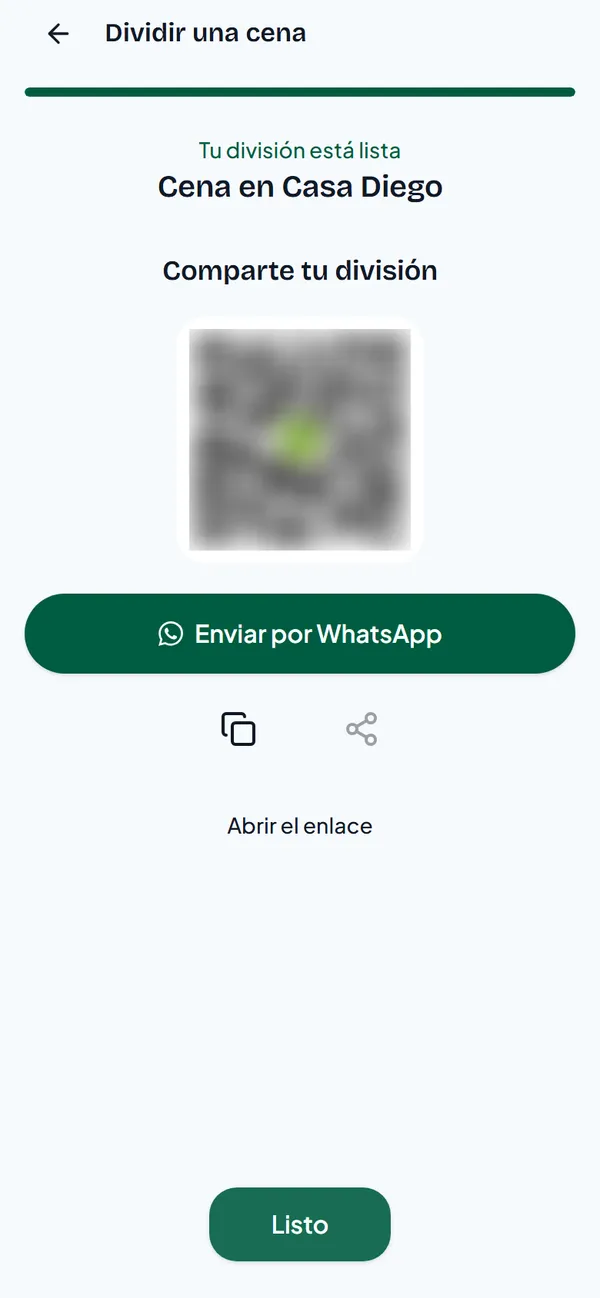 Tu división está lista, con un código QR y el botón Enviar por WhatsApp