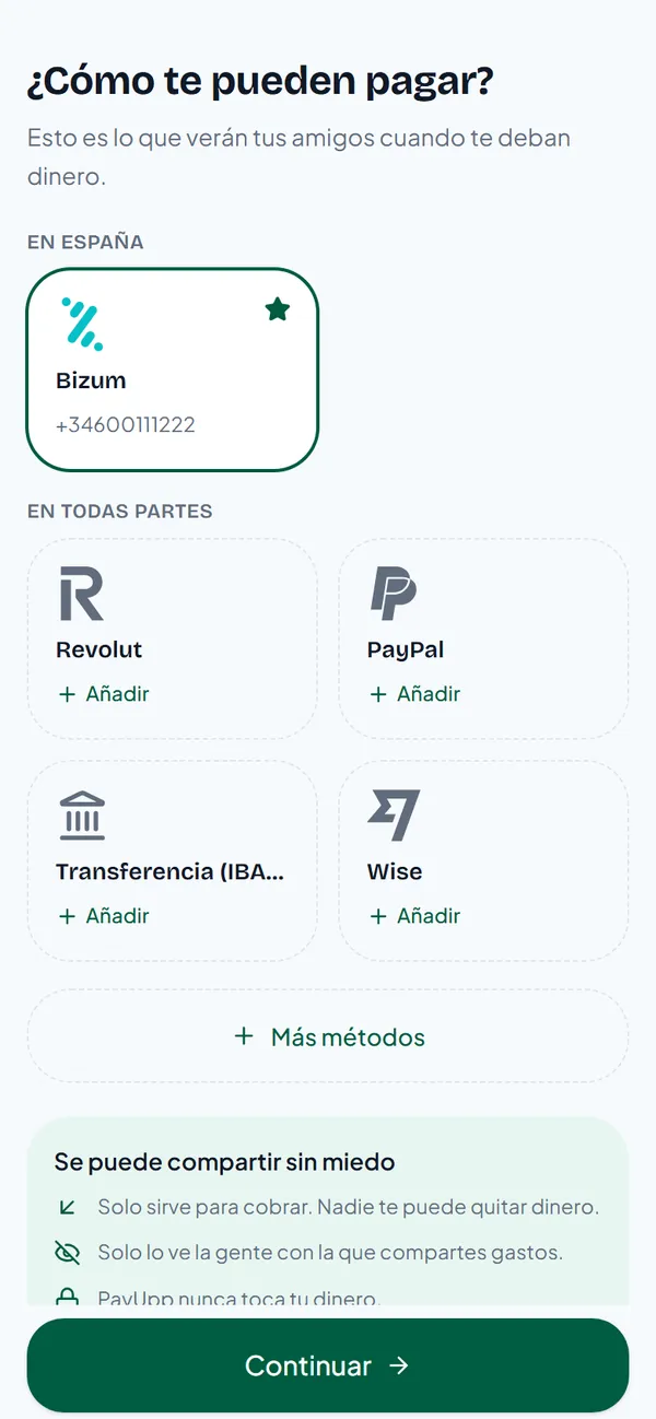 Cómo te pueden pagar, con Bizum guardado en España y Revolut, PayPal, transferencia y Wise en todas partes