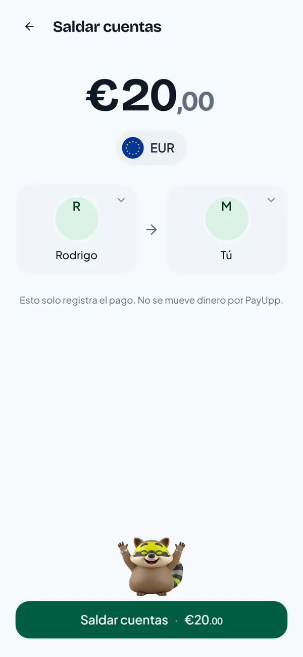 La pantalla Saldar cuentas con 20 euros de Rodrigo a Marta