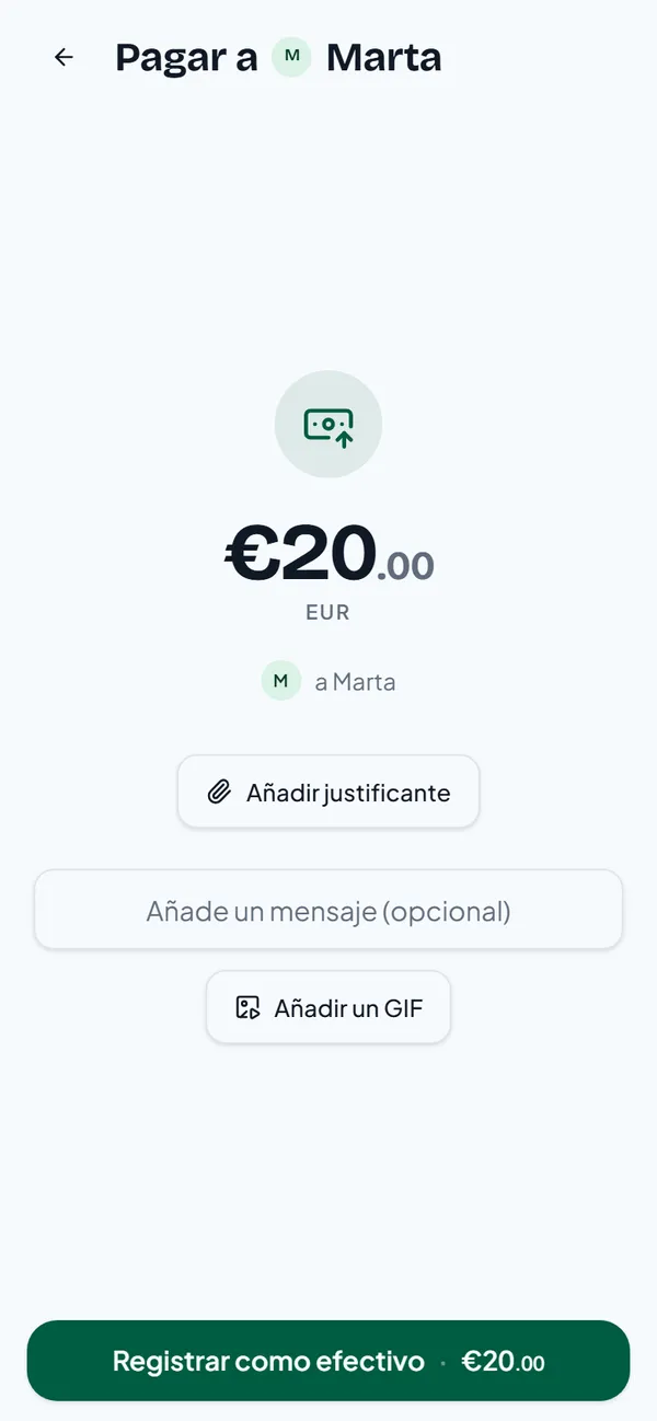 Registrar como efectivo, 20 euros a Marta, con Añadir justificante y un campo de mensaje