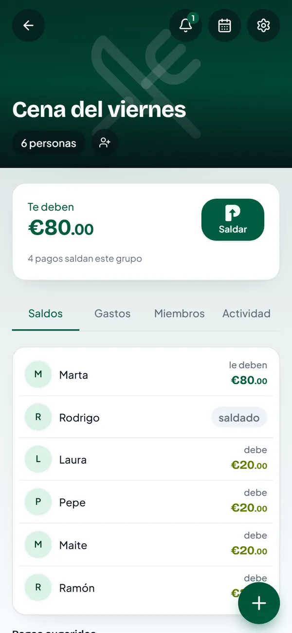 Saldos después del pago: a Marta le deben 80 euros, Rodrigo saldado y cuatro amigos que aún deben 20 cada uno