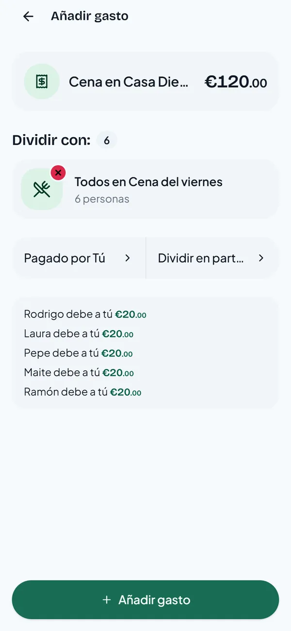 La pantalla Añadir gasto para Cena en Casa Diego, 120 euros, pagado por ti, dividido a partes iguales