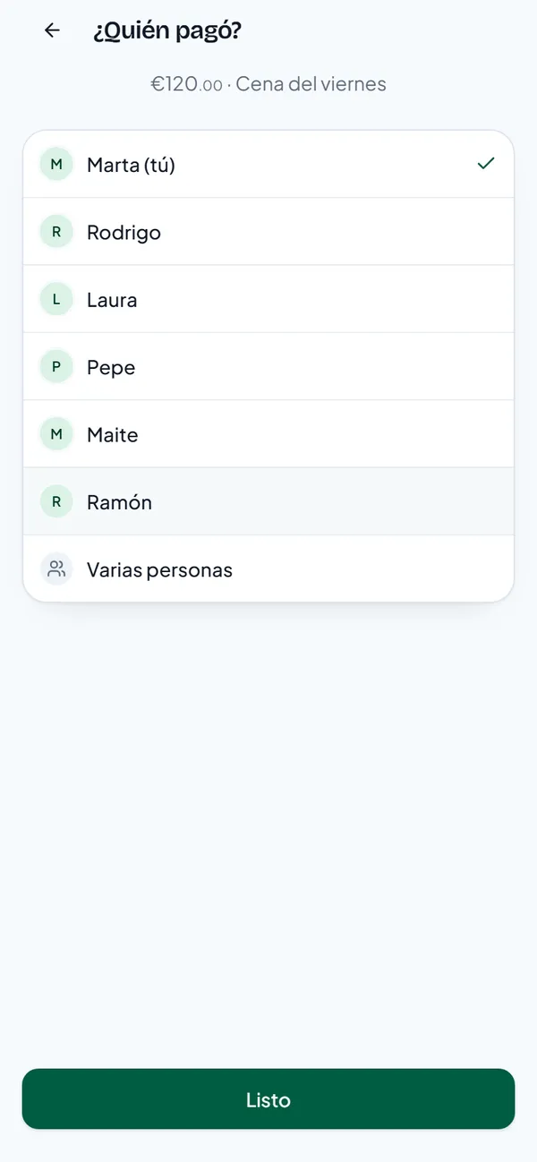 La lista Quién pagó con cada miembro y Varias personas al final