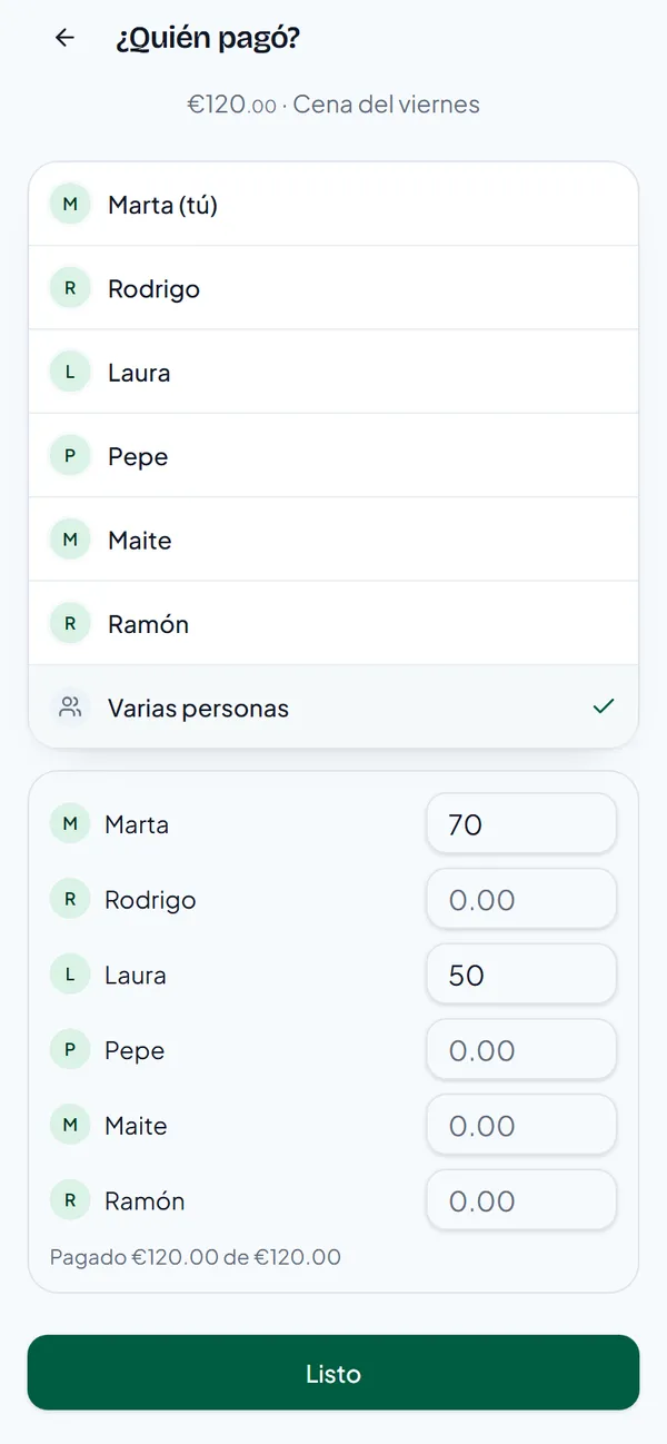 Importes por pagador: Marta 70, Laura 50, y la línea Pagado 120 euros de 120 euros