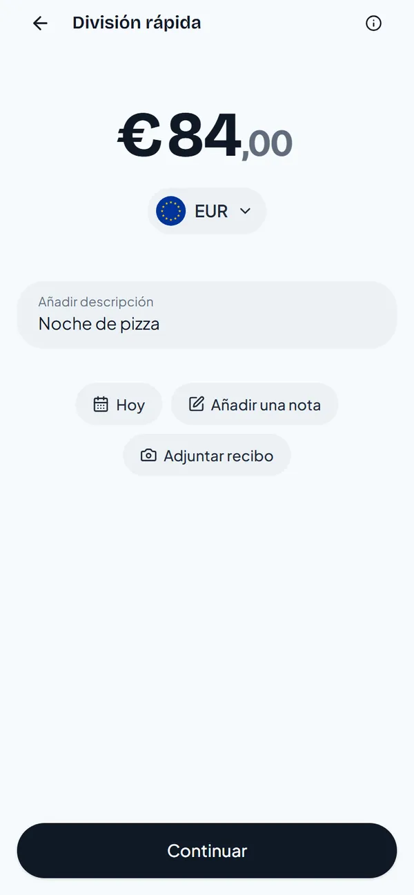 La pantalla del importe con 84 euros y la descripción Noche de pizza