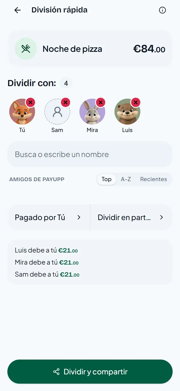 Dividir con 4: Tú, Sam, Mira y Luis, a partes iguales; Luis, Mira y Sam deben 21 euros cada uno