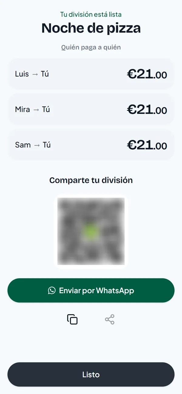 Tu división está lista: Luis, Mira y Sam te pagan 21 euros cada uno, con un código QR y el botón Enviar por WhatsApp