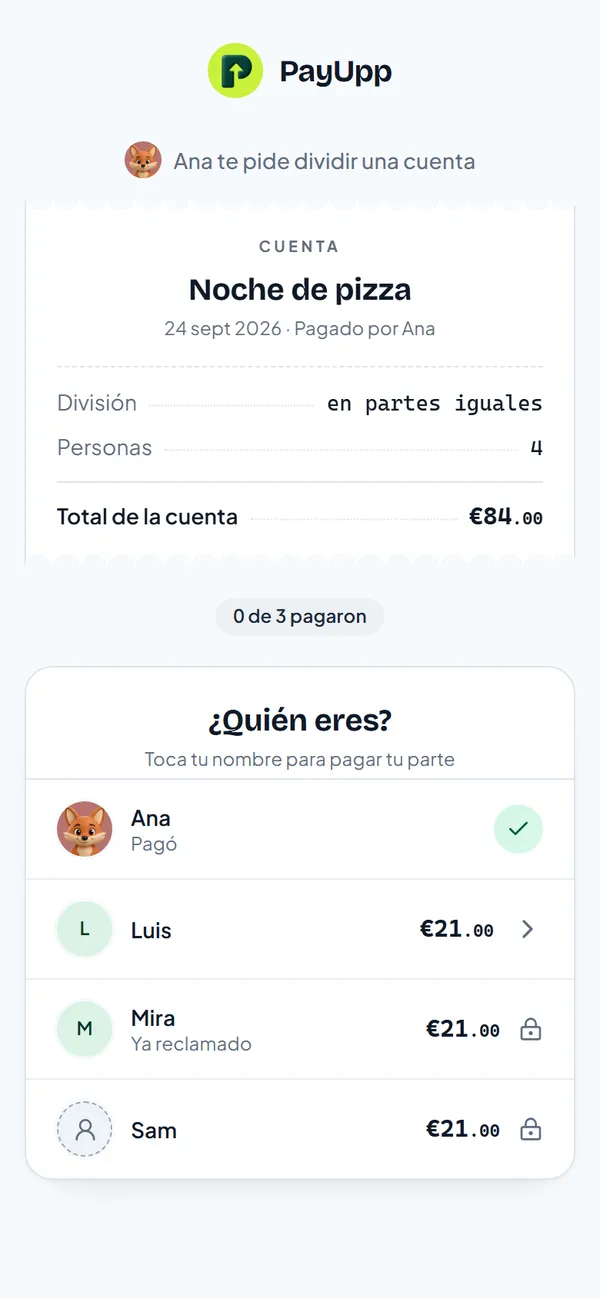 La cuenta compartida de Noche de pizza, 84 euros a partes iguales entre 4, y Quién eres con Ana, Luis, Mira y Sam