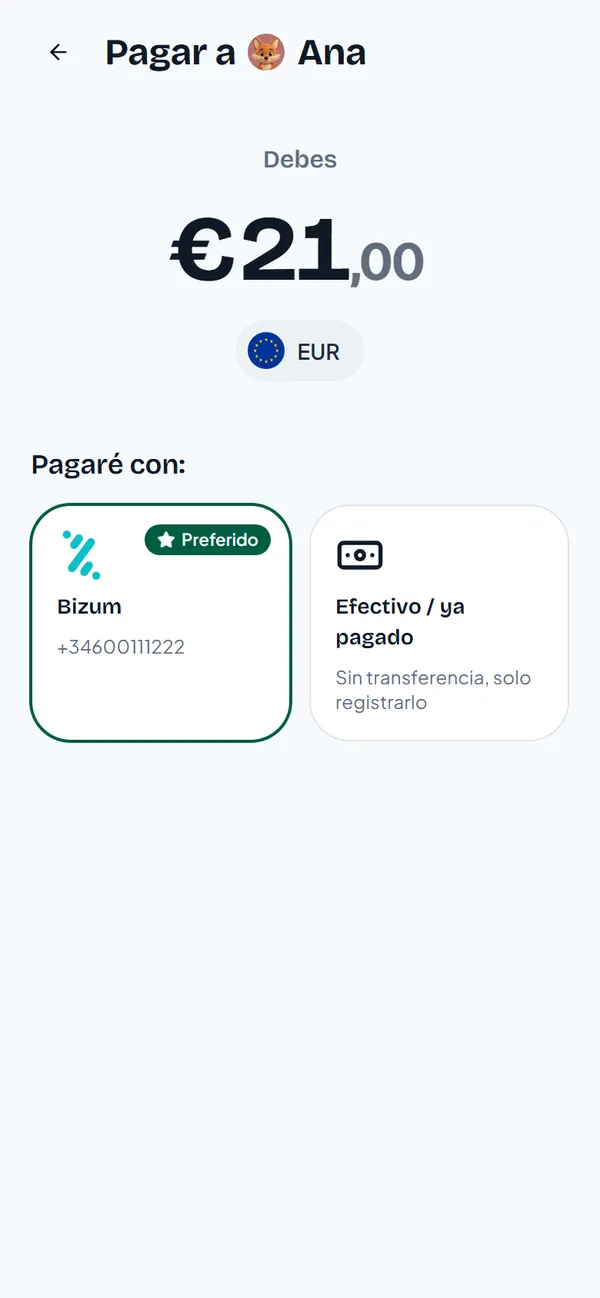 Pagar a Ana: debes 21 euros, paga con Bizum o Efectivo / ya pagado