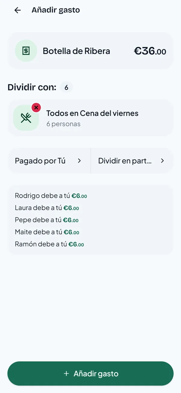 La pantalla Añadir gasto con una botella de 36 euros dividida a partes iguales entre seis, a 6 euros cada uno