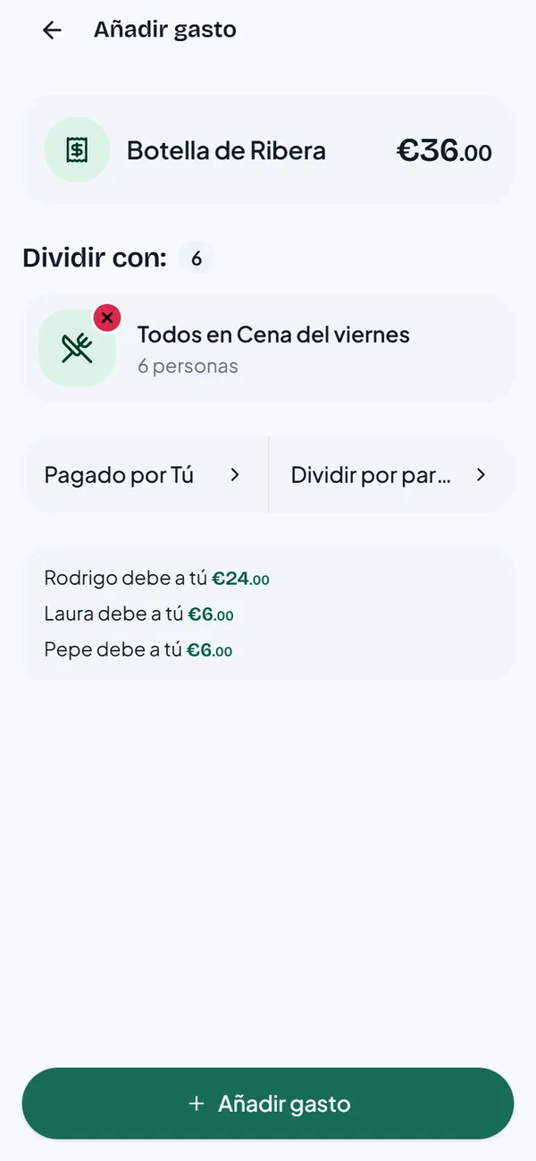 Vista previa del gasto: Rodrigo debe 24 euros, Laura 6 y Pepe 6