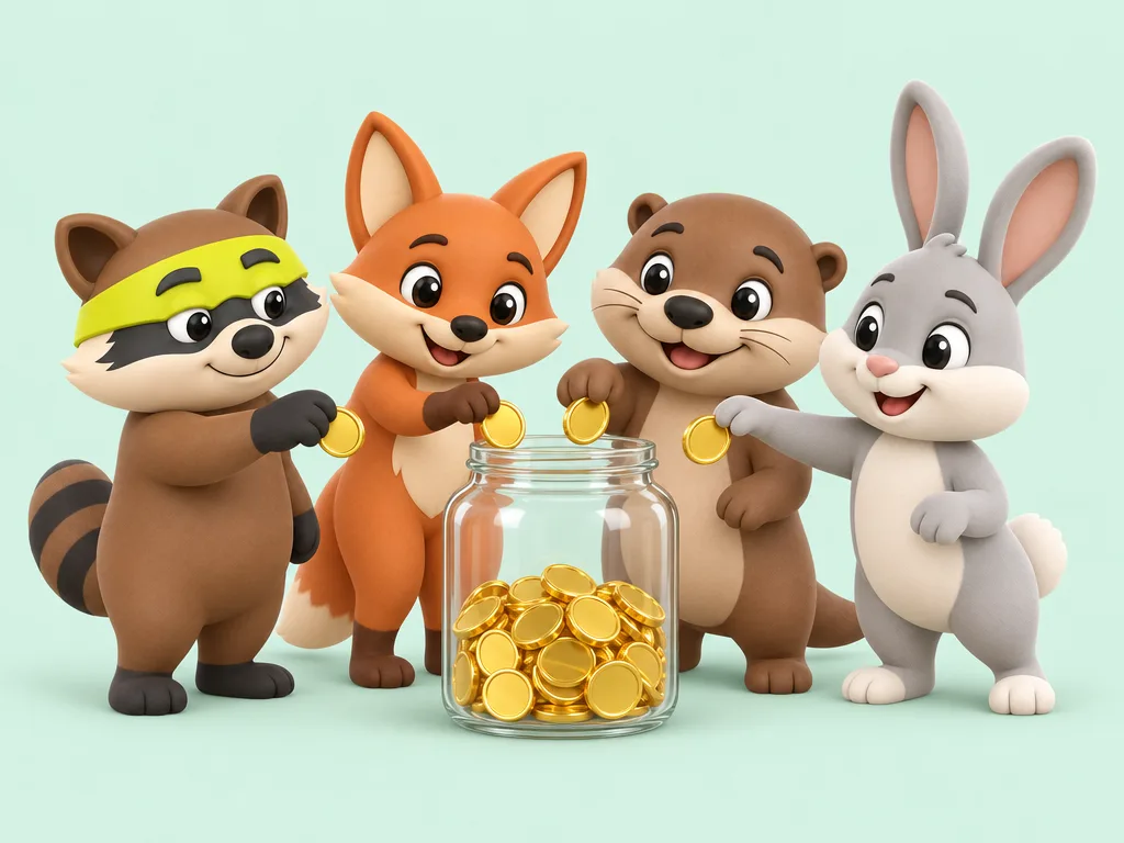 Rocco the raccoon and friends each drop one coin into the same jar