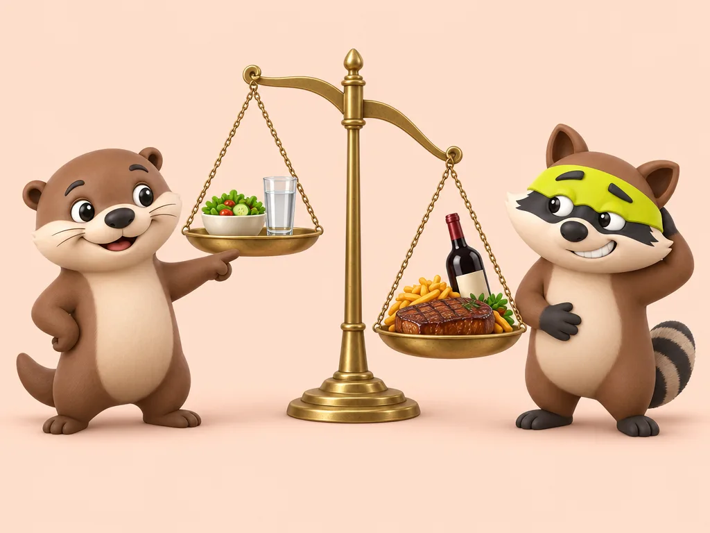 A balance scale with a small salad on one side and a big feast on the other