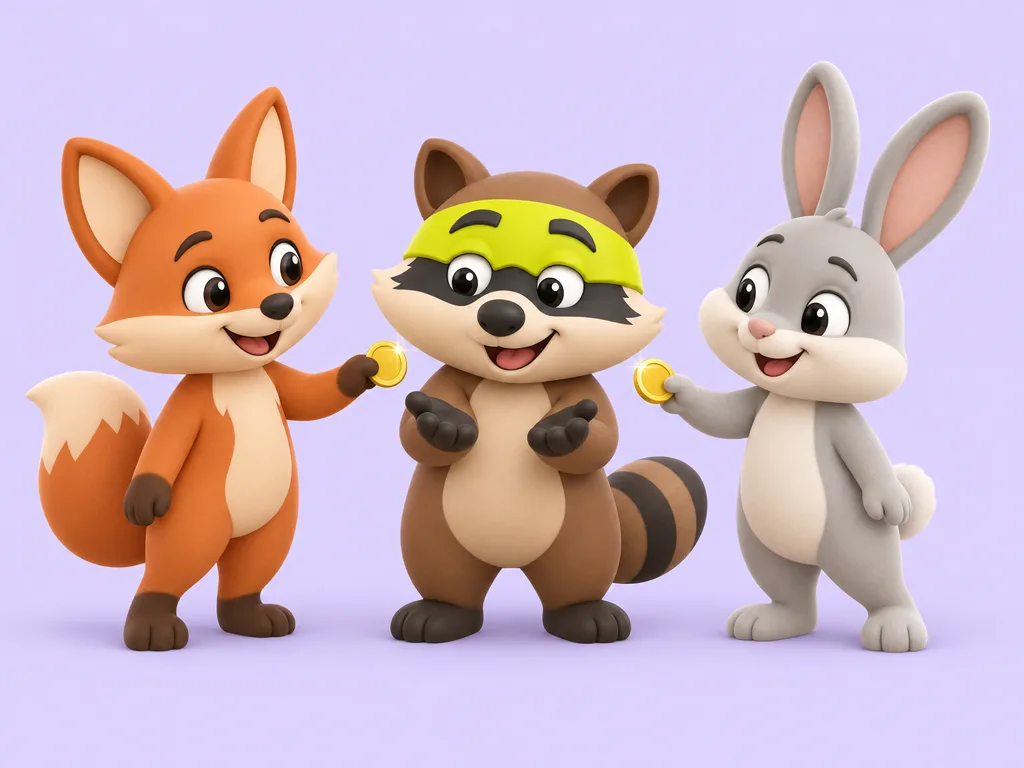Ana the fox and Mira the rabbit each hand Rocco the raccoon a coin