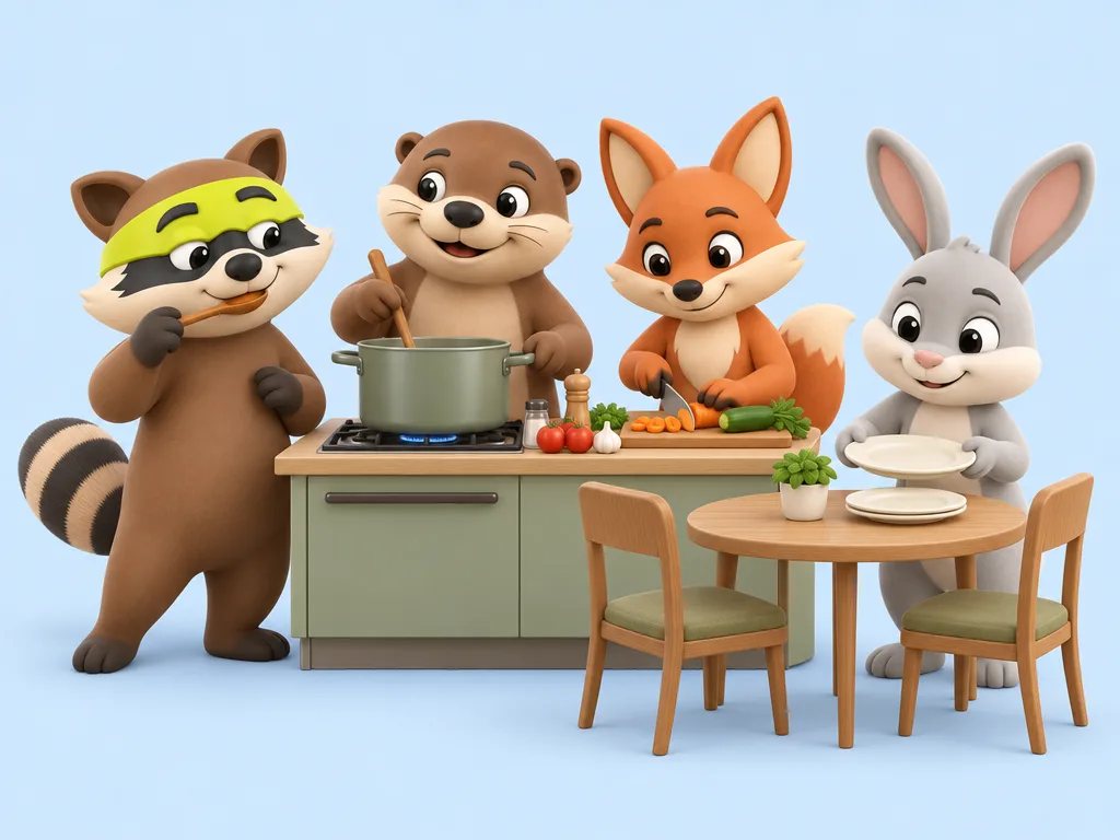 Four flatmates cooking together in a shared kitchen