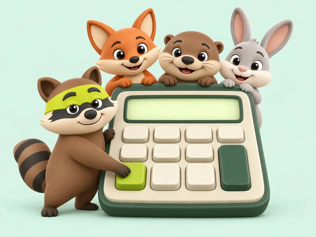 Rocco the raccoon and friends next to a giant calculator