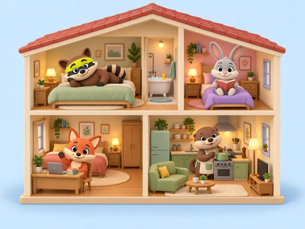 A dollhouse flat with rooms of different sizes and the friends inside