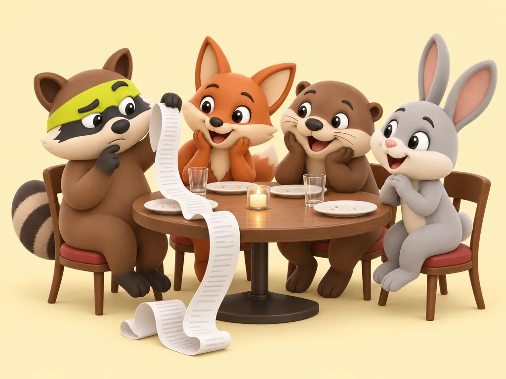 Rocco the raccoon reads a very long restaurant bill while friends wait at the table