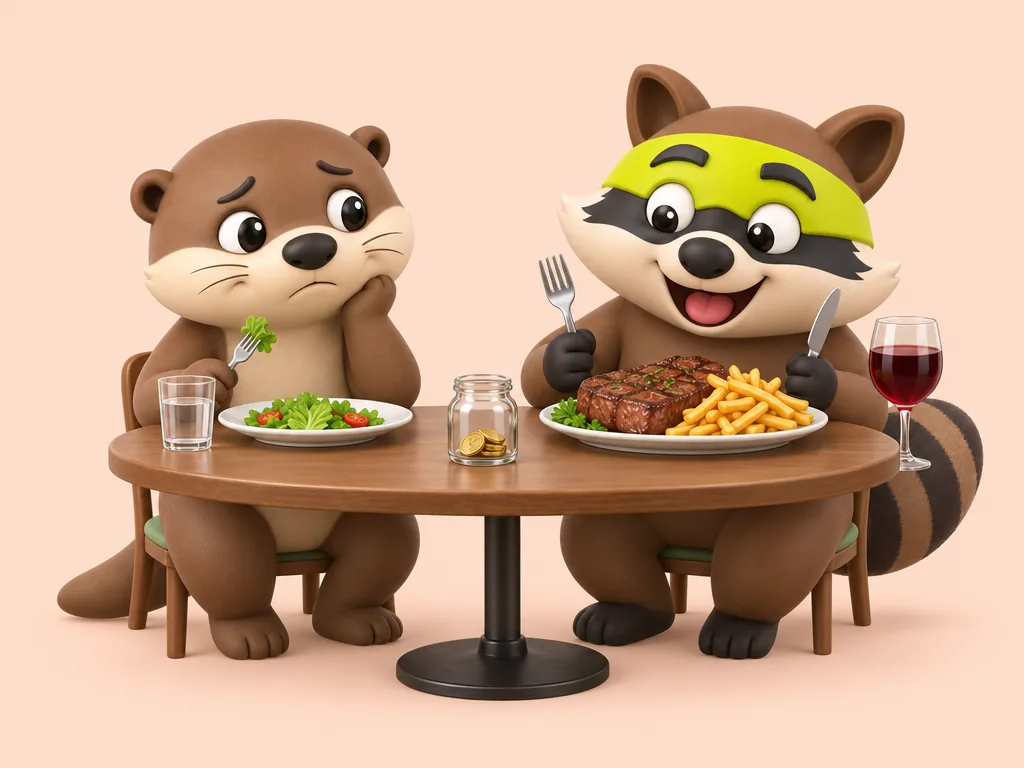 Luis the otter with a small salad next to Rocco the raccoon and a big feast