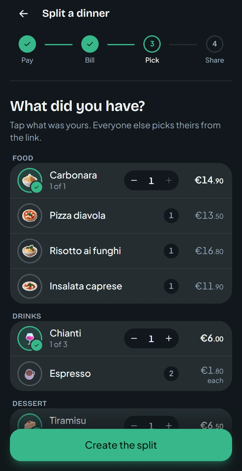 The current dinner picker with your carbonara, glass of Chianti and tiramisu selected and the other dishes ready for your friends.
