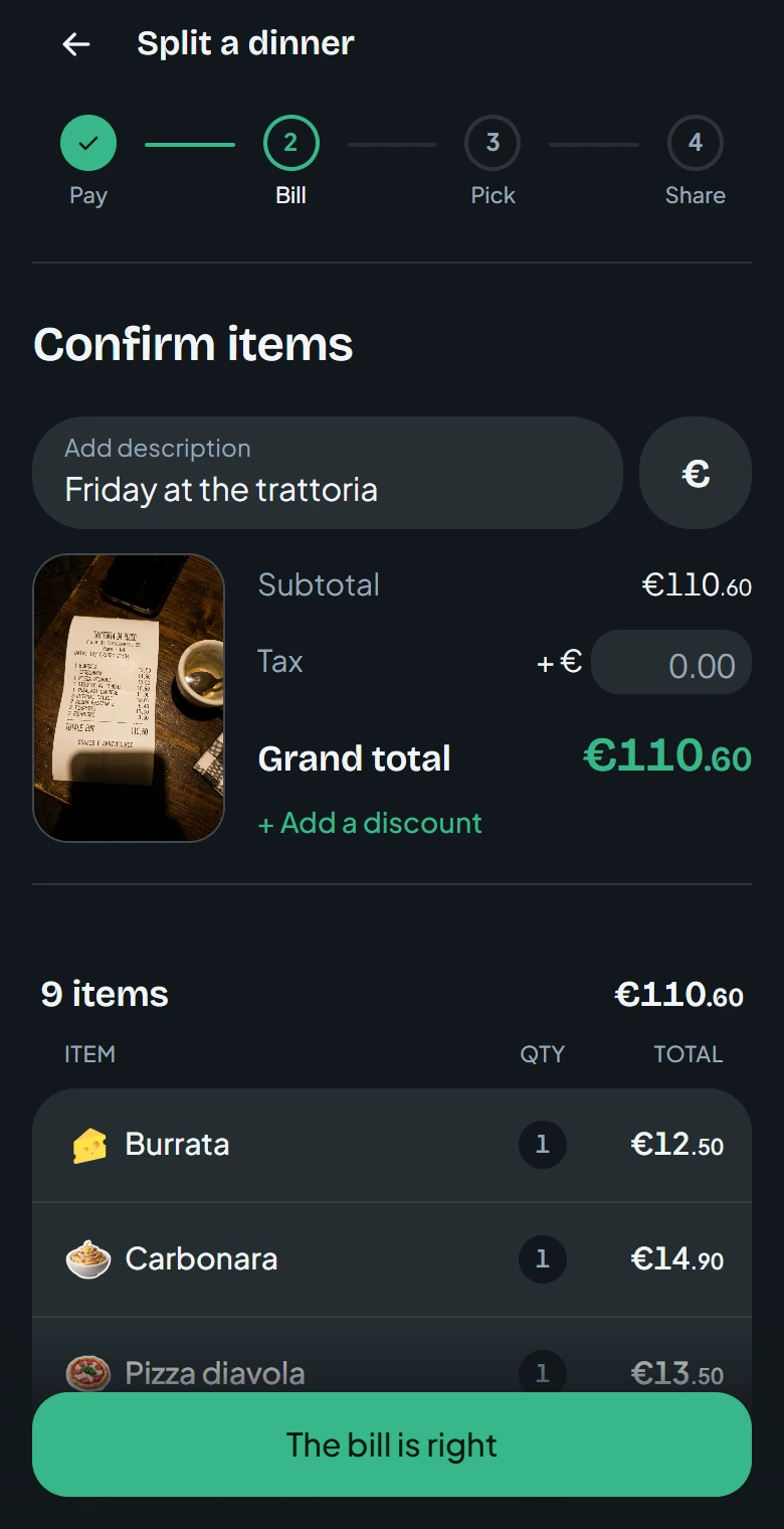 The current receipt review screen with the receipt photo and nine trattoria items totaling €110.60.